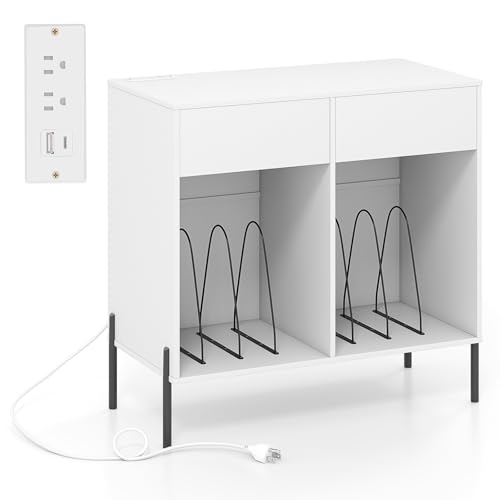 LOKO Large Record Player Stand with Charging Station, Vinyl Record Holder with Storage Compartments & 2 Drawers, Turntable Display Stand with Metal Legs for Living Room, Bedroom, Office (White) LOKO