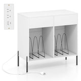 LOKO Large Record Player Stand with Charging Station, Vinyl Record Holder with Storage Compartments & 2 Drawers, Turntable Display Stand with Metal Legs for Living Room, Bedroom, Office (White) LOKO