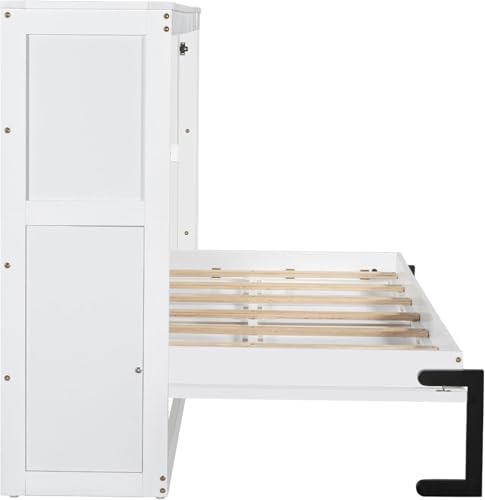 Virubi Twin Horizontal Murphy Bed with Storage Shelves,Wood Fold Up Modern Murphy Wall Bed Cabinet with Storage Bookcase for Adults (White,Twin) Virubi
