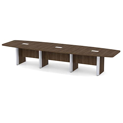 Thaweesuk Shop New Walnut 14 FT Modern Boat Shaped Conference Table Wood Hide Wires Inside Elliptical Metal Legs Desk Grommets Racetrack Room 3 Power Modules Silver Boardroom Office Furniture Business Generic