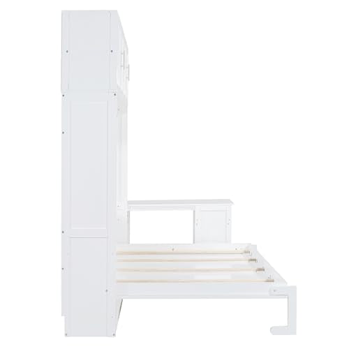 Ball & Cast Murphy Bed Queen Size,Hideaway Beds with Desk and Storage Shelves,Multifunction Wood Wall Cabinets Bedframe W/Big Cabinets &Hardware Chain,Slat Support,Space-Saving for Apartment,White Ball & Cast