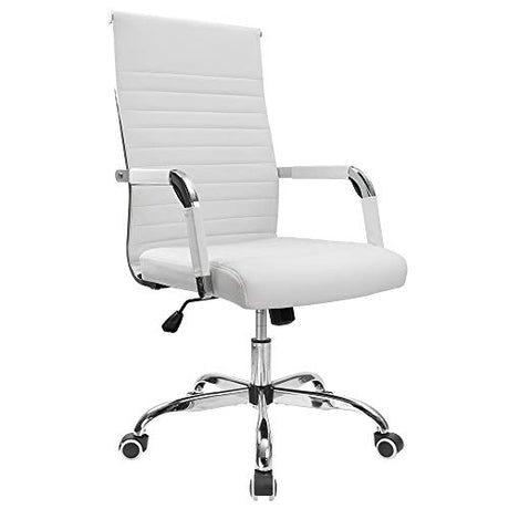 Furmax Ribbed Office Desk Chair Mid-Back PU Leather Executive Conference Task Chair Adjustable Swivel Chair with Arms (White) Furmax