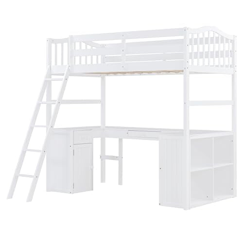 Merax Twin Size Loft Bed with Desk, Wooden Loft Bed Frame with Drawers, Cabinet, Shelves, and Desk, No Box Spring Needed, White Merax