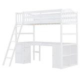 Merax Twin Size Loft Bed with Desk, Wooden Loft Bed Frame with Drawers, Cabinet, Shelves, and Desk, No Box Spring Needed, White Merax