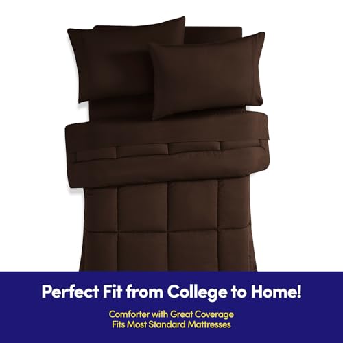 Dorm Room Essentials College Bedding Comforter Set 5 Piece Twin Size Bed in a Bag for College Students Boys and Girls, Twin, Chocolate Brown Sweet Home Collection