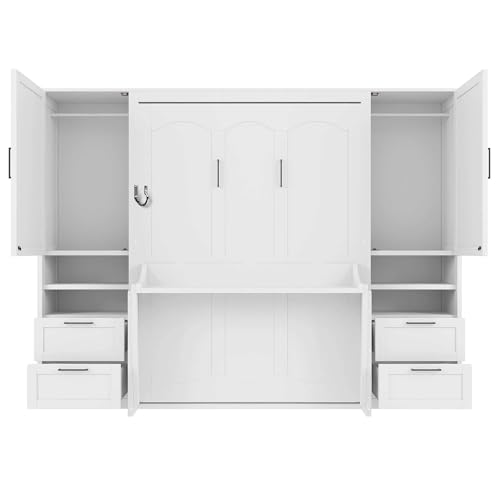SOFTSEA Full Murphy Bed with Desk and Wardrobe, 107" Hidden Wall Bed with Double Wardrobes, 4 Drawers, Space Saving Fold Down for Small Spaces, Guest Room, Studio, Home Office, White SOFTSEA