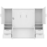SOFTSEA Full Murphy Bed with Desk and Wardrobe, 107" Hidden Wall Bed with Double Wardrobes, 4 Drawers, Space Saving Fold Down for Small Spaces, Guest Room, Studio, Home Office, White SOFTSEA