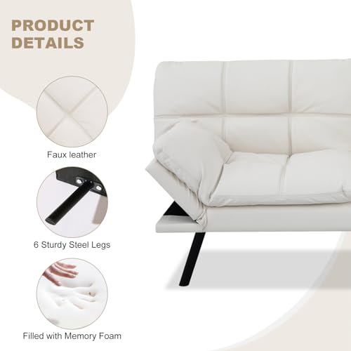 Opoiar 71-Inch Futon Sofa Bed, Convertible Guest Bed & Loveseat | Cozy Faux Leather with Adjustable Positions for Welcoming Living Rooms - White Opoiar