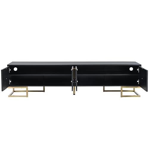 ON-TREND Modern TV Stand with Metal Legs and Gold Handles for TVs Up to 80'', Media Console Table with Cabinets and Adjustable Shelves, Luxury TV Cabinet with Geometric Lines for Living Room, Black Harper & Bright Designs