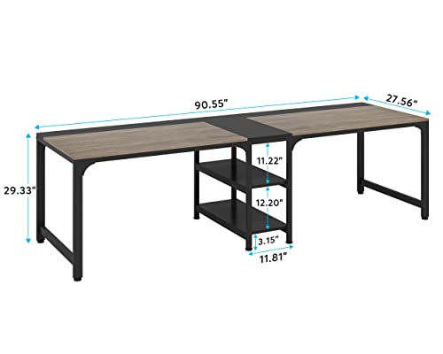 Tribesigns 90.55'' 2 Person Desk with Storage Shelves, Double Computer Desk with Spacious Desktop, Extra Long Study Writing Table Workstation for Home Office (Black & Gray) Tribesigns