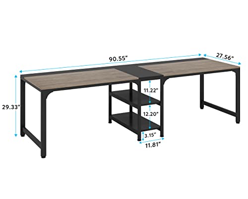 Tribesigns 90.55'' 2 Person Desk with Storage Shelves, Double Computer Desk with Spacious Desktop, Extra Long Study Writing Table Workstation for Home Office (Black & Gray) - WoodArtSupply