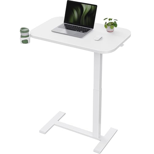 Marsail 28×16" Overbed Table with Wheels and 360° Cup Holder, Height-Adjustable Pneumatic Bedside Table, Mobile Computer Standing Desk for Home Office, White Marsail
