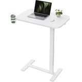 Marsail 28×16" Overbed Table with Wheels and 360° Cup Holder, Height-Adjustable Pneumatic Bedside Table, Mobile Computer Standing Desk for Home Office, White Marsail