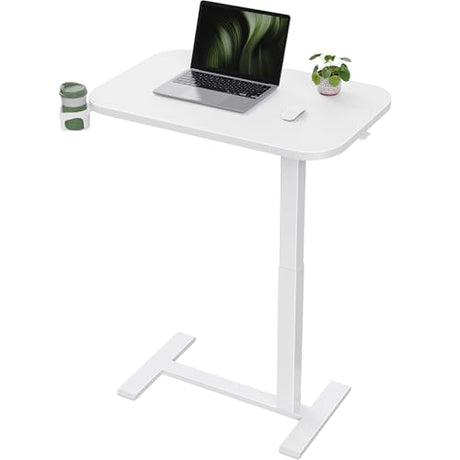 Marsail 28×16" Overbed Table with Wheels and 360° Cup Holder, Height-Adjustable Pneumatic Bedside Table, Mobile Computer Standing Desk for Home Office, White Marsail
