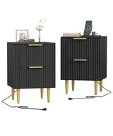 Akxomel Black Nightstand Set of 2, Fluted Night Stand with Charging Station, 13.8" D x 15" W x 23.2" H, 2 Drawers Modern Bedside Table with USB Ports and Outlets, Golden Side Table for Bedroom Akxomel