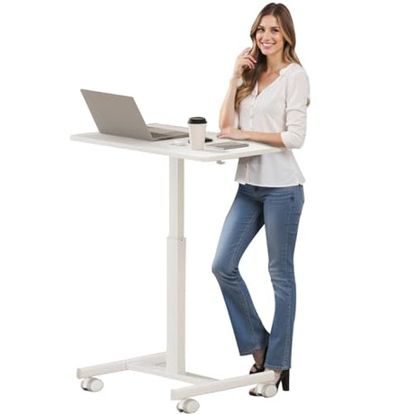 CROWNFURN Mobile Small Standing Rolling Desk Adjustable Height, Portable Laptop Desk on Wheels, Workstation for Home Office with Hook,White CROWNFURN