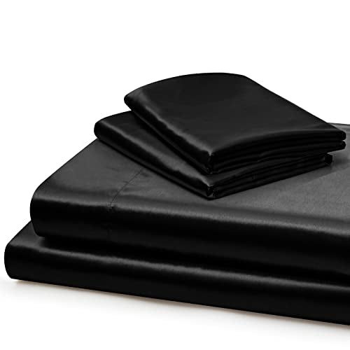 Vonty Satin Sheets Extra Deep Pocket King Size Sheets - Cooling & Silky Satin King Sheets Set with 18-24 Inch Deep Pocket, Black Satin Bed Sheets Fit Up to 24" Deep Matress - 4 Piece Vonty