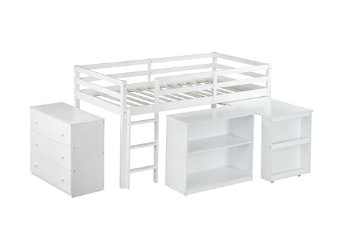 Low Loft Bed with Storage & Rolling Out Desk, Kids Twin Size Loft Beds with Bookcase & Drawers, Rubber Wood Junior Lofts Bed with Dresser/Shelves/Ladder/Guardrails for Boys Girls Teens, White Duxelifin