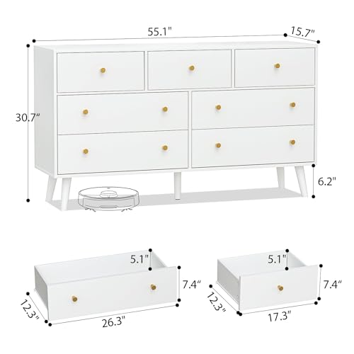 SINROM 55” White Dresser, 7 Drawer Dresser for Bedroom with Wide Drawers and Gold Knobs, Wood Dressers & Chests of Drawers SINROM