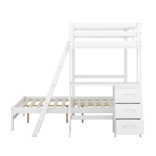 KTATK Twin Over Full Bunk Bed with Built-in Desk and Three Drawers,Pine Wood Convertible Twin Over Full L-Shaped Loft Bunk Bed Frame for Kids Teens Adults,White KTATK