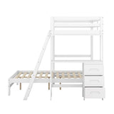 KTATK Twin Over Full Bunk Bed with Built-in Desk and Three Drawers,Pine Wood Convertible Twin Over Full L-Shaped Loft Bunk Bed Frame for Kids Teens Adults,White KTATK