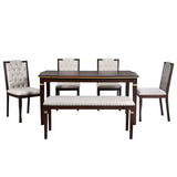 Merax 6-Piece Kitchen Dining Table Set, 60" Rectangular Table with 4 High-Back Tufted Upholstered Chairs & 1 Bench, Rubberwood Legs Modern Elegant Farmhouse for Kitchen Room, Espresso Merax