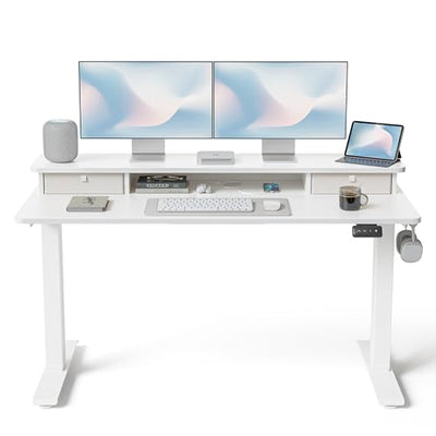 FEZIBO 55 x 24 Inch Height Adjustable Electric Standing Desk with Double Drawer, Stand up Home Office Computer Desk with 4 Height-Adjustable Feets & 2 Hooks, White