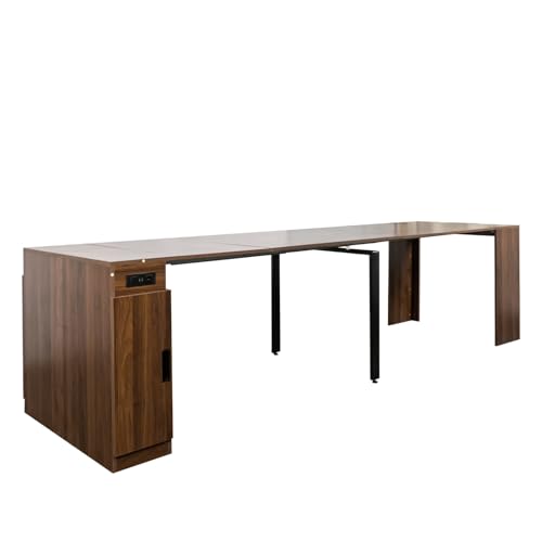 KEIKI 23.62”-118”L Extendable Foldable Dining Room Table with Storage Cabinet & Outlet, 1-10 People Wood Modern Rectangle Expandable Furniture for Kitchen Living Meeting Room, 6 Length Options KEIKI
