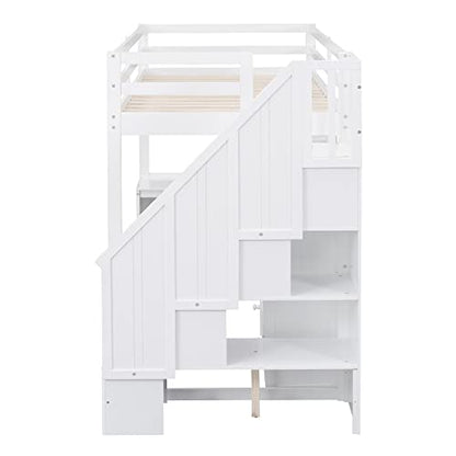 Merax Twin Size Wood Loft Bed with L-Shaped Desk, Storage Staircase and Drawers in White - WoodArtSupply