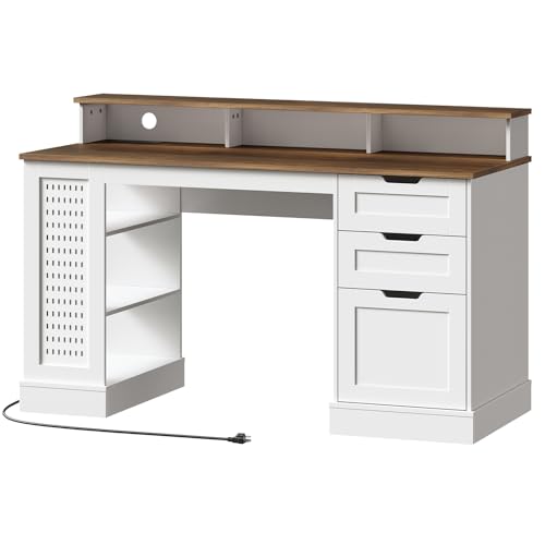 STHYTON 55inch Farmhouse Executive Desk with 2 Drawers and File Cabinet, Computer Desk with 3-Tier Storage Shelves, Home Office Desk with Charging Station, Pegboard and Monitor Shelf, White and Walnut STHYTON