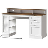 STHYTON 55inch Farmhouse Executive Desk with 2 Drawers and File Cabinet, Computer Desk with 3-Tier Storage Shelves, Home Office Desk with Charging Station, Pegboard and Monitor Shelf, White and Walnut STHYTON