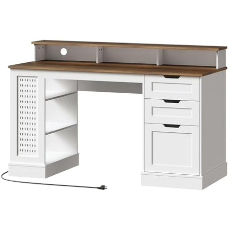 STHYTON 55inch Farmhouse Executive Desk with 2 Drawers and File Cabinet, Computer Desk with 3-Tier Storage Shelves, Home Office Desk with Charging Station, Pegboard and Monitor Shelf, White and Walnut STHYTON