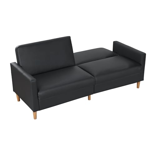 Lexicon 79"W Convertible Futon Sofa Bed, Loveseat, Faux Leather Upholstered Couch Sleeper, Adjustable Backrests, Padded Pocket Coil, Solid Wood Legs for Living Room, Bedroom, Apartment, Office, Black Lexicon
