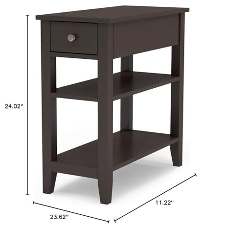ChooChoo Side Table Living Room, Narrow End Table with Drawer and Shelf, 3-Tier Sofa End Table for Small Space, Espresso ChooChoo