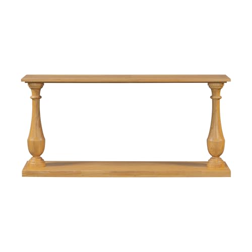 Merax Vintage Console Table with Pine Veneer and Elegance Vase-Leg Design, Sofa Table with Double-Layer Storage for Living Room, Study Room, Entryway Bedroom, Natural Merax