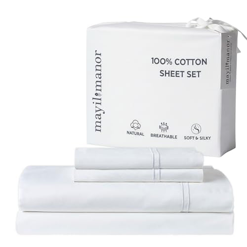 Mayil Manor 100% Natural Cotton Sheets Queen Size Bed Set | 500 TC Single-Ply Sateen Weave | Soft, Breathable, Hypoallergenic Solid 4-Piece Bedding with Deep Pocket Fitted, Flat, Pillowcase | White Mayil Manor