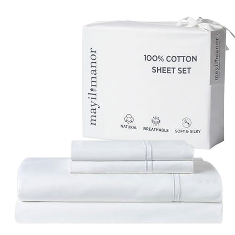 Mayil Manor 100% Natural Cotton Sheets Queen Size Bed Set | 500 TC Single-Ply Sateen Weave | Soft, Breathable, Hypoallergenic Solid 4-Piece Bedding with Deep Pocket Fitted, Flat, Pillowcase | White Mayil Manor