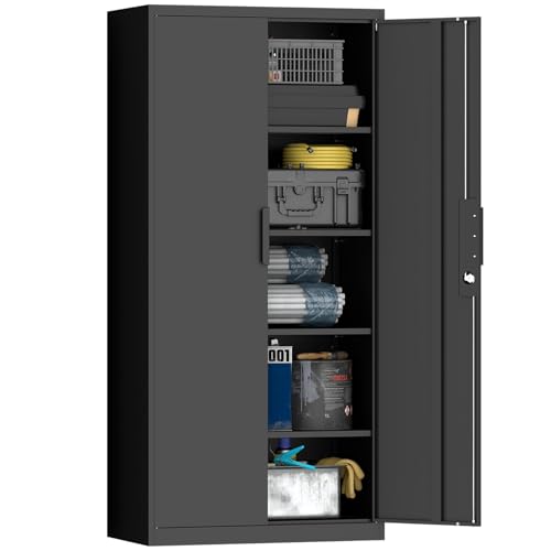 GREATMEET Metal Garage Storage Cabinets, 72" H Locking Garage Cabinets with 2 Doors and 4 Shelves, Utility Cabinet for Office, Garage, Home, Gym, School, Black GREATMEET