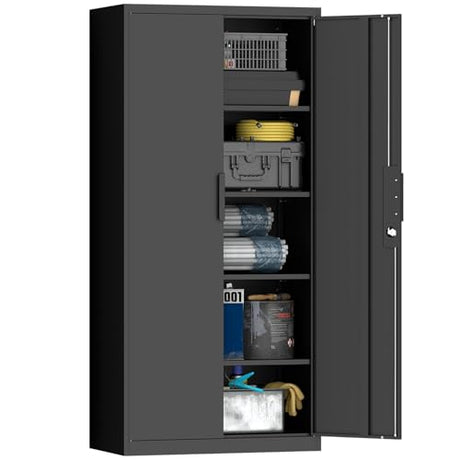 GREATMEET Metal Garage Storage Cabinets, 72" H Locking Garage Cabinets with 2 Doors and 4 Shelves, Utility Cabinet for Office, Garage, Home, Gym, School, Black GREATMEET