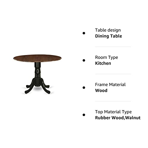 East West Furniture DMT-WBK-TP Dublin Dining Room Table - a Round kitchen Table Top with Dropleaf & Pedestal Base, 42x42 Inch, Walnut & Black - WoodArtSupply