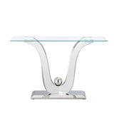 Henf Luxury Glass Console Table Modern 47" Slim Entryway Table with Silver Floral-Shape Stainless Steel Base and Clear Glass Top, Silver Sofa Tables for Living Room Hallway Corridor Office Henf