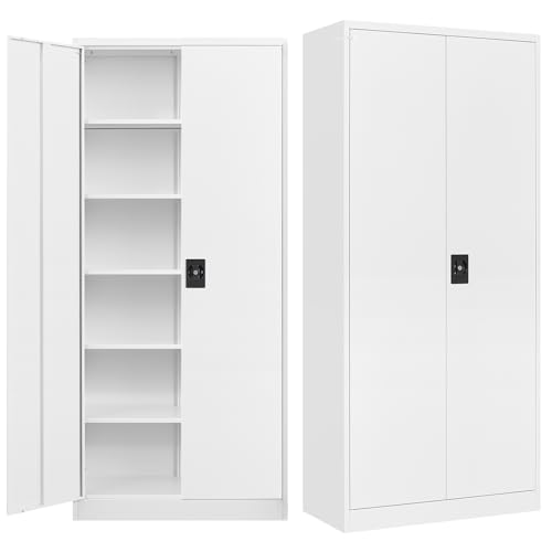 MIIIKO Tall Steel Storage Cabinet with 5 Shelf, Lockable White Metal Tool Cabinet for Garage, Locking 2 Door Office Storage, Utility Locker Cabinet with Keys - WoodArtSupply