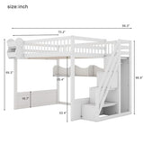 Merax Queen Size Wood Loft Bed with Wardrobe and Staircas, Storage Shelves, Floor Multifunction Bunk Bed with Full Length Gardrails, Space Saving,White Merax