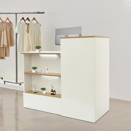 47In Reception Desk with LED Lights, L-Shaped Modern Front Table Reception Room Table with Cable Grommet & Lockable Drawers, Retail Checkout Counter for Lobby Salon Office AngelcityCC