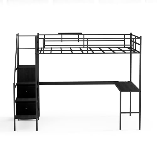 Bellemave Full loft Bed with Storage Stairs, Wardrobe, Shelves, Metal Full Loft Bed Frame with L-Shaped Desk for Adults, Kids, Teens, Black with Charging Cradle Bellemave