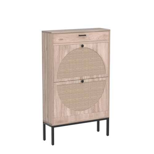 Brafab Shoe Storage Cabinet with 2 Flip Drawers&1 Small Drawer, Slim Entryway Shoe Organizer with Half Round Woven Rattan Doors for Sneakers… Brafab