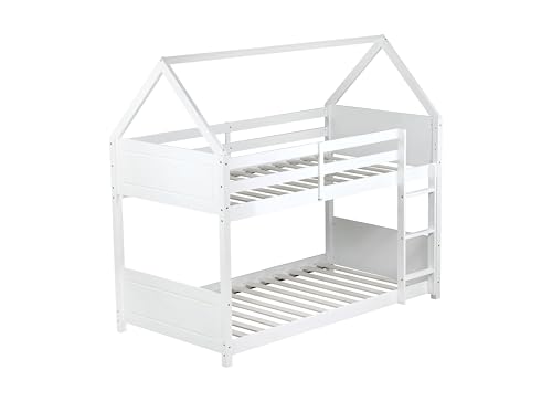 PVWIIK House Floor Bunk Bed/Twin Over Twin with Ladder & Guardrails and Headboards,Wood Bunk Bed Frame,Space Saving Design,No Box Spring Needed,White PVWIIK