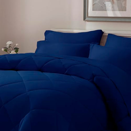 ELNIDO QUEEN® Queen Comforter Set Navy - 7 Pieces Bed in a Bag Queen Size, Bed Set All Seasons, Ultra Soft Dark Blue Bedding Sets with Comforter, Flat Sheet, Fitted Sheet, Pillowcases and Pillow Shams ELNIDO QUEEN