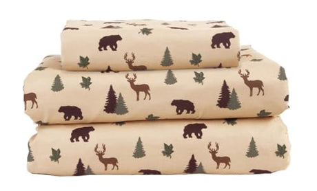 Beatrice Home Fashions Cozy Cabin 3-Piece Twin Microfiber Bedding Sheet Set with Deep Pockets Rustic Patchwork Plaid Deer, Brown Tan Green Beatrice Home Fashions