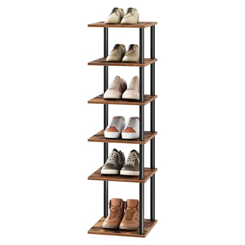 HOOBRO Vertical Shoe Rack, 6-Tier Narrow Shoe Shelf, Shoe Storage Organizer for Small Space, 11" L x 11" W x 39.5" H, Closet, Entryway, Hallway, Bedroom, Rustic Brown and Black BF21XJ01 HOOBRO